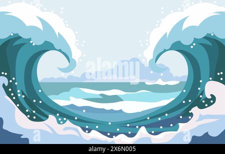 Fond de paysage de nature avec les vagues d'eau de l'océan Big Sea en été Illustration de Vecteur