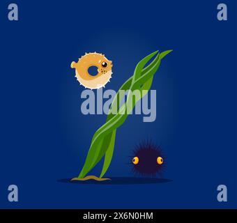 Police d'animaux marins sous-marins et type sous-marin de signe de pourcentage, vecteur de dessin animé. Poisson soufflé et oursin dans les algues comme symbole spécial de la police de caractères de l'alphabet océan et police de la mer avec des animaux sous-marins Illustration de Vecteur