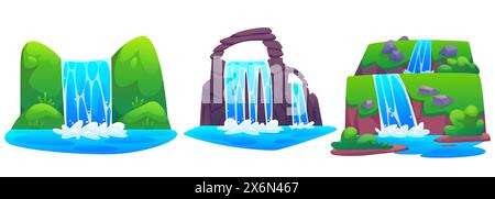 Cascade sur rocheuse et couverte de montagne d'herbe verte. Ensemble d'illustration vectorielle de dessin animé de cascade tombant l'eau bleue du ruisseau de la falaise. Rivière sur des collines en pierre pour la conception de paysage naturel. Illustration de Vecteur