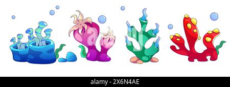 Set d'algues isolé sur fond blanc. Illustration vectorielle de dessins animés de la collection de plantes sous-marines, bleu, rose, vert, algues de couleur rouge, bulles d'eau, pierres de fond de mer, éléments de conception d'aquarium Illustration de Vecteur