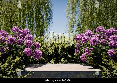 Une plate-forme pour des présentations de produits entourées de plantes - illustration 3D. Banque D'Images