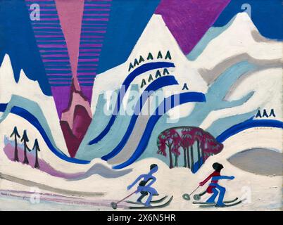 Ernst Ludwig Kirchner (expressionniste allemand) - montagnes enneigées avec skieurs - 1928 Banque D'Images