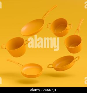 Ensemble de stewpot volant, poêle à frire et batterie de cuisine plaquée sur fond monochrome Banque D'Images