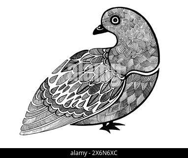 Illustration d'oiseau pigeon isolé sur fond blanc. Stylisé. Profil. Dessin de contour. Rempli de différentes textures de plumes dessinées avec St Banque D'Images