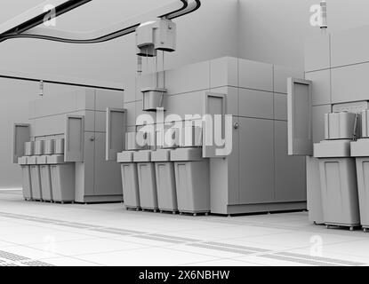 Rendu à l'argile du système de nettoyage, de gravure et d'OHT de semi-ducs Wafer dans une salle blanche Fab. Image de rendu 3D. Banque D'Images