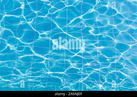 Surface de l'eau de piscine bleue et fond d'onde ondulée. Caustiques abstraites de réflexion d'été dans la piscine. Banque D'Images