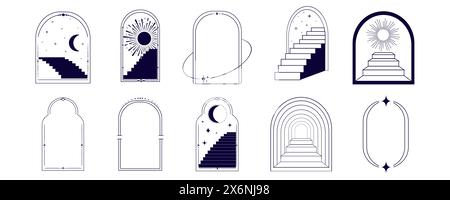 Escaliers de porte de cadre d'arc de ligne mince, collection de soleil et d'étoiles, portail mystique, bordure d'astrologie, décoration, tatouage minimal sur fond blanc. Illustration vectorielle Illustration de Vecteur