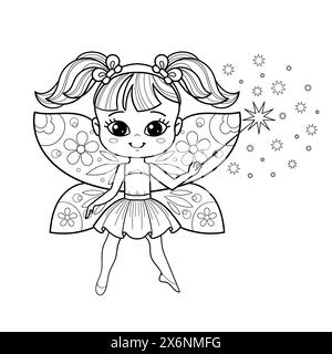 Jolie fille de fée de dessin animé avec des ailes de papillon et une baguette magique. Dessin linéaire noir et blanc. Isolé sur fond blanc. Pour la conception pour enfants o Illustration de Vecteur