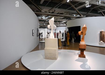 Exposition en hommage au père de la sculpture moderne, Constantin Brancusi (né en 1876 en Roumanie, vivant à Paris de 1904 à 1957), cette exposition de grande envergure rassemble quelque quatre cents œuvres - plus de 120 sculptures - ainsi que des photographies, dessins, films et archives. L'un des éléments incontournables de l'exposition est la réplique de l'atelier de Brancusi, qui a servi à la fois de lieu de vie et de travail du 27 mars au 1er juillet 2024 au Centre Pompidou à Paris, France, le 15 mai 2024. Photo de Marie Hubert Psaila/ABACAPRESS. COM Banque D'Images