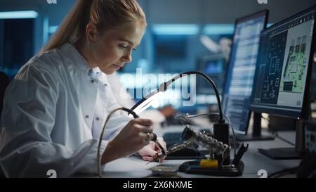 Installation moderne de recherche et développement en électronique : belle ingénieur féminin caucasien fait la soudure de carte mère d'ordinateur. Les scientifiques conçoivent des circuits imprimés industriels, des micropuces de silicium, des semi-conducteurs Banque D'Images