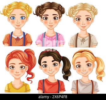 Six filles de dessin animé avec diverses coiffures et expressions Illustration de Vecteur