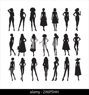 Diverses illustrations Silhouette de femmes : expressions artistiques dans divers personnages, poses et émotions pour des projets créatifs Illustration de Vecteur