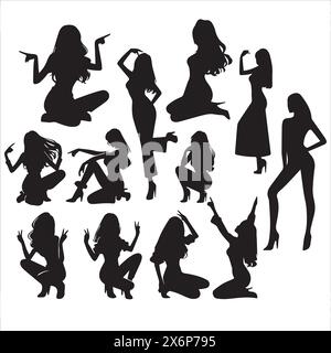 Diverses illustrations Silhouette de femmes : expressions artistiques dans divers personnages, poses et émotions pour des projets créatifs Illustration de Vecteur