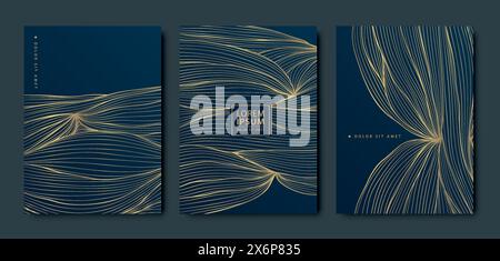 Ensemble vectoriel de fonds de luxe de feuille d'or, carte élégante de vague, flyers dessinés à la main de ligne florale abstraite. Mariage, anniversaire brochures de motif japonais Illustration de Vecteur