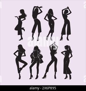 Diverses illustrations Silhouette de femmes : expressions artistiques dans divers personnages, poses et émotions pour des projets créatifs Illustration de Vecteur