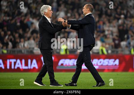 Gian Piero Gasperini, entraîneur-chef d'Atalanta BC et Massimiliano Allegri, entraîneur-chef de Juventus FC, se saluent à la fin du match de finale de coupe d'Italie entre Atalanta BC et Juventus FC au stade Olimpico à Rome (Italie), le 15 mai 2024. La Juventus a battu Atalanta 1-0. Banque D'Images