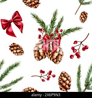 Modèle sans couture avec des cônes, arc en satin rouge, branches de pin et baies rouges sur une branche. Aquarelle du nouvel an illustration botanique dessinée à la main de pin Banque D'Images