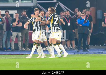 15 mai 2024, Stadio Olimpico, Roma, Italie ; finale de Coupe d'Italie de football ; Atalanta contre Juventus ; Dusan Vlahovic du FC Juventus jubilate après avoir marqué le but 0-1 à la 04e minute Banque D'Images