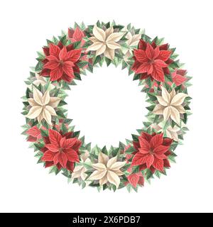 Poinsettia fleurit avec des feuilles. Cadre de Noël rond, couronne vintage. Illustration d'aquarelle dessinée à la main fond d'hiver de plantes traditionnelles. Isolat Banque D'Images