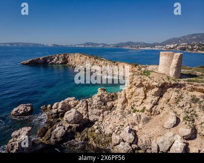 Ancienne tour de défense de l'îlot d'Illetes, Calvia, Majorque, Iles Baléares, Espagne. Banque D'Images