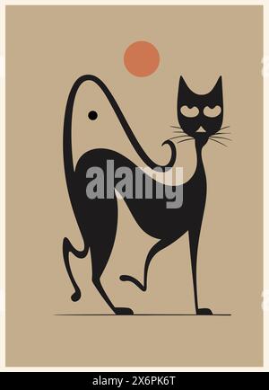 Affiche rétro avec l'art mural vecteur chat noir mignon Illustration de Vecteur