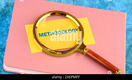 MÉTHODOLOGIE CONTEPT. Mot DE MÉTHODOLOGIE sur une carte de visite jaune avec une loupe sur le dessus Banque D'Images