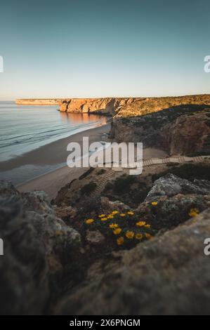 Morgenstimmung mit Blick auf den Abgang (Treppen) zum Praia do Beliche, dem westlichsten Strand an der portugiesischen Südküste zwischen Sagres und dem Cabo de São Vicente, dem westlichsten Punktes des europäischen Festlandes, Algarve am 04.05.2024. // ambiance matinale avec vue sur la sortie (escaliers) de Praia do Beliche, la plage la plus occidentale de la côte sud portugaise entre Sagres et le Cabo de São Vicente, le point le plus occidental de l'Europe continentale, Algarve le 4 mai 2024. - 20240504 PD22112 Banque D'Images