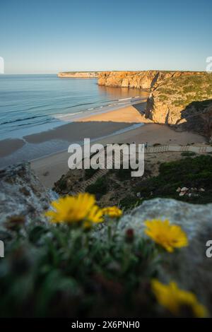 Morgenstimmung mit Blick auf den Abgang (Treppen) zum Praia do Beliche, dem westlichsten Strand an der portugiesischen Südküste zwischen Sagres und dem Cabo de São Vicente, dem westlichsten Punktes des europäischen Festlandes, Algarve am 04.05.2024. // ambiance matinale avec vue sur la sortie (escaliers) de Praia do Beliche, la plage la plus occidentale de la côte sud portugaise entre Sagres et le Cabo de São Vicente, le point le plus occidental de l'Europe continentale, Algarve le 4 mai 2024. - 20240504 PD22104 Banque D'Images