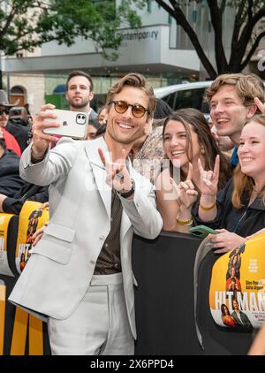 AUSTIN, TEXAS - 15 MAI : Glen Powell assiste à la première de 'Hit Man' de Netflix et à l'intronisation de Glen Powell au Texas film Hall of Fame au Paramount Theatre le 15 mai 2024 à Austin, Texas. (Photo de Maggie Boyd/Sipa USA) crédit : Sipa USA/Alamy Live News Banque D'Images