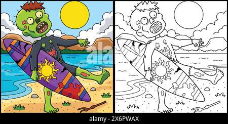 Zombie surfer Coloriage page illustration colorée Illustration de Vecteur