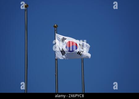 Drapeau de la Corée du Sud agitant au vent contre un ciel bleu. Banque D'Images