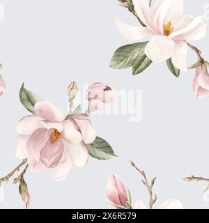 Fleur de magnolia rose clair, bourgeons, brins et feuilles. Motif sans couture floral d'aquarelle sur fond bleu. Fleur de printemps pour tissu floral, cosmétique Banque D'Images