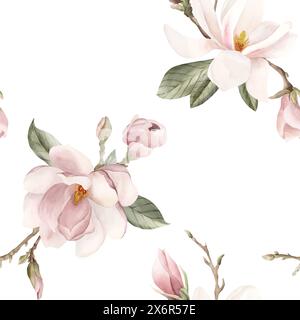 Fleur de magnolia rose clair, bourgeons, brins et feuilles. Motif sans couture floral d'aquarelle sur fond blanc. Spring Blossom pour tissu floral, cosmeti Banque D'Images