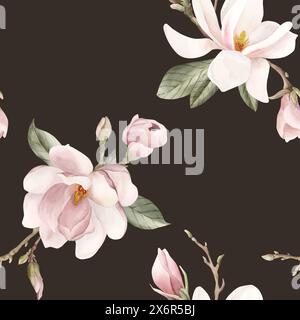 Fleur de magnolia rose clair, bourgeons, brins et feuilles. Motif sans couture floral d'aquarelle sur fond sombre. Fleur de printemps pour tissu floral, cosmétique Banque D'Images