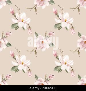 Fleur de magnolia rose clair, bourgeons, brins et feuilles. Motif sans couture floral d'aquarelle sur fond beige. Spring Blossom pour tissu floral, cosmeti Banque D'Images