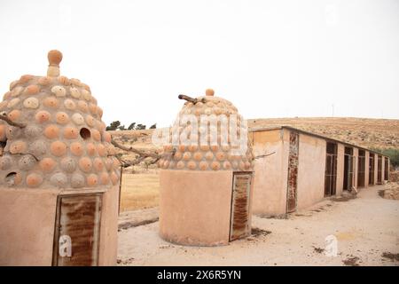 Ruches d'abeilles rustiques faites de boue, dans les jours modernes, il est soutenu avec du ciment pour que les oiseaux vivent avec le champ de blé en arrière-plan et des maisons pour domest Banque D'Images