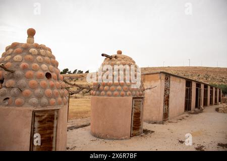 Ruches d'abeilles rustiques faites de boue, dans les jours modernes, il est soutenu avec du ciment pour que les oiseaux vivent avec le champ de blé en arrière-plan et des maisons pour domest Banque D'Images