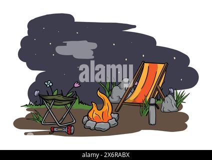 Randonnée et camping. Illustration vectorielle modifiable d'un paysage de nuit avec un feu de joie et des chaises pliantes Illustration de Vecteur