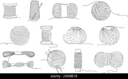 Fils à coudre continus à une ligne. Bobines de fil, écheveaux et boules de fil à tricoter pour l'artisanat, magasin de tailleur textile et conception de passe-temps d'artisanat Illustration de Vecteur