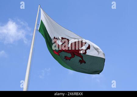 Drapeau du pays de Galles agitant au sommet de son poteau. Banque D'Images