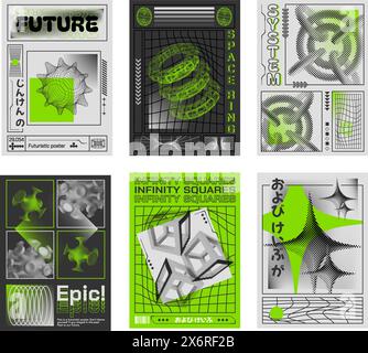 Modèles d'affiche 3d abstraits. Designs futuristes rétro avec des formes 3D demi-teintes, une esthétique cyberpunk et un ensemble vectoriel typographique audacieux Illustration de Vecteur