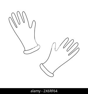 Paire de gants en latex ou gomme. Icône linéaire de deux mains. Illustration simple noire de la protection médicale jetable, de la tenue de maison, du jardinage. Contour I Illustration de Vecteur
