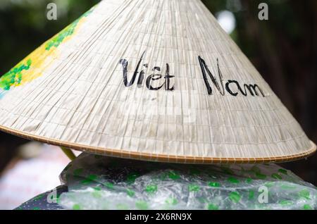 Femme vietnamienne méconnaissable portant un chapeau conique traditionnel en bambou. Concept de voyage Banque D'Images