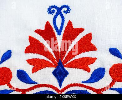 Ornement traditionnel slovène de broderie de nappe en bleu et rouge avec fleur d'oeillet Banque D'Images