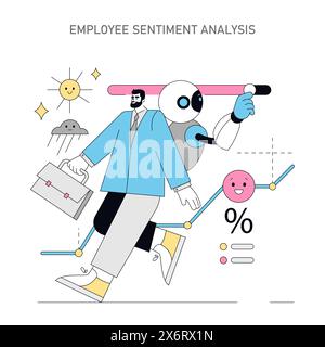 IA dans le concept des ressources humaines. Robot analysant la satisfaction des employés avec des symboles émotionnels positifs et négatifs. Efficacité du lieu de travail moderne. Illustration vectorielle. Illustration de Vecteur