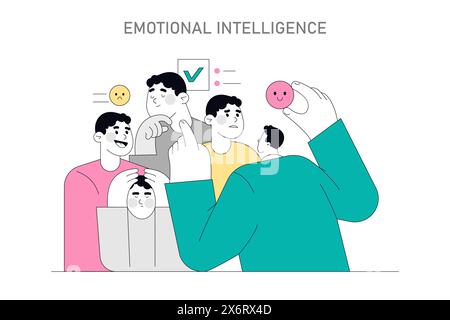 Concept d'intelligence émotionnelle. Individus présentant une variété d'émotions avec des expressions faciales étiquetées. Comprendre et gérer les sentiments. Illustration vectorielle. Illustration de Vecteur