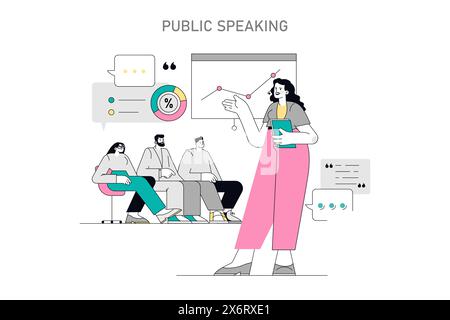 Concept de compétences générales. Une femme confiante présente des données à des collègues attentifs, mettant en évidence une communication efficace. Illustration vectorielle. Illustration de Vecteur