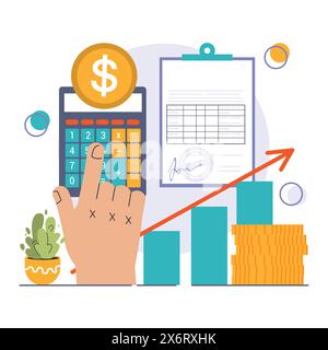 Amortissement et ensemble d'amortissement. Calculer la valeur des actifs de l'entreprise au fil du temps. Durée de vie de l'actif de l'entreprise , évaluation du capital. Rapport financier. Illustration vectorielle plate Illustration de Vecteur