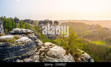La lumière du soleil baigne les formations rocheuses Bastei et la forêt environnante du parc national de la Suisse saxonne à l'aube. Kurort Rathen, Allemagne Banque D'Images