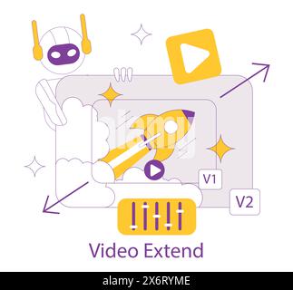 Concept AI pour la création vidéo. Une illustration mettant en scène un robot avec casque gérant la production vidéo, signifiant l'automatisation dans le montage vidéo. Illustration vectorielle. Illustration de Vecteur